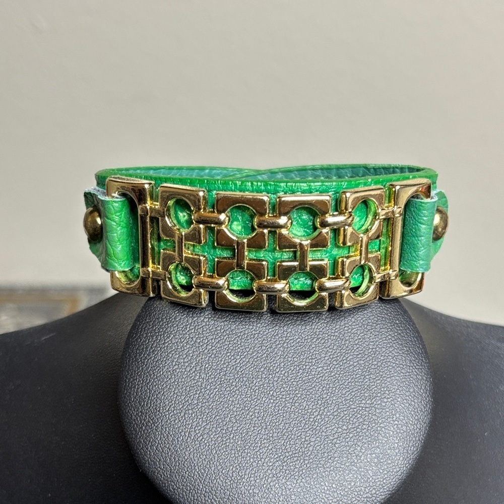 Natasha Couture Green Leather Bracelet with Gold Accent